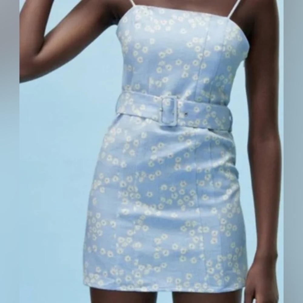 ZARA Floral Blue Belted Mini Dress